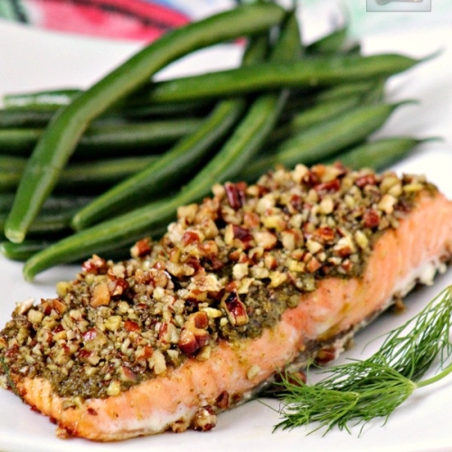 Baked Salmon with Pesto and Pecans