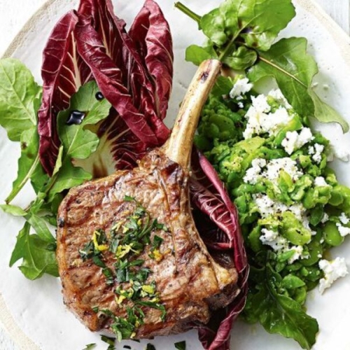 Veal with broad bean, feta and pea mash