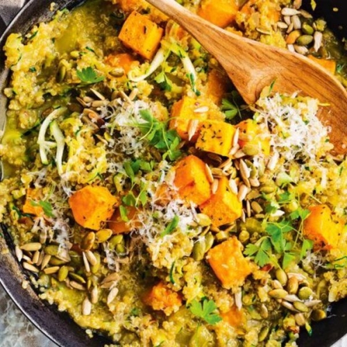 Quinoa risotto with roast chilli pumpkin