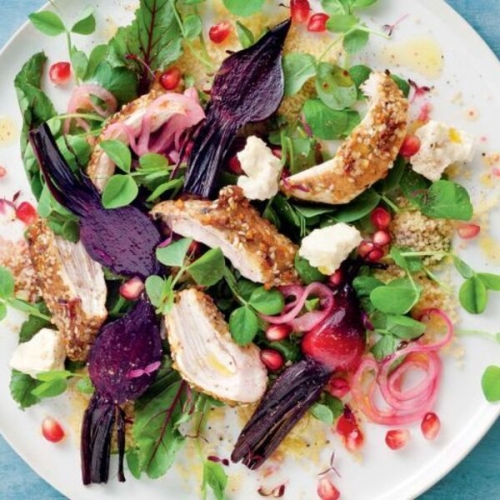 Dukkah-crusted chicken salad with roast beetroot and feta