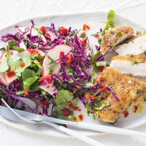 Almond-crumbed pork with Asian slaw