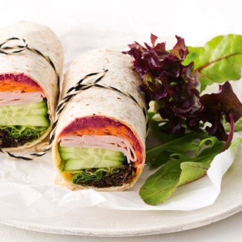 Shaved ham, beetroot dip and salad wholegrain wrap