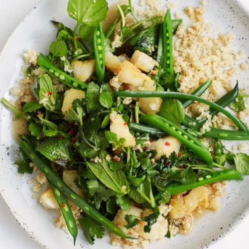 Crispy lemongrass fish with quinoa and greens