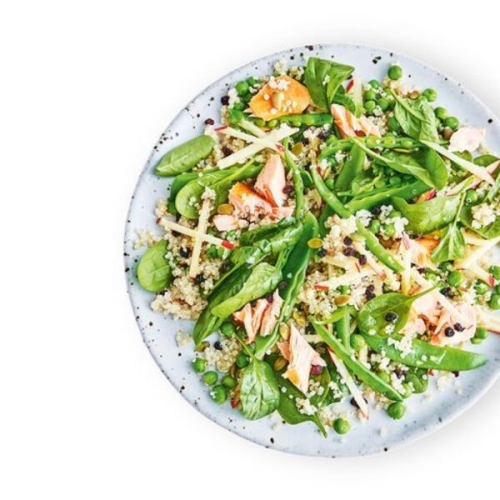 Quinoa, pea, apple, mint and salmon salad