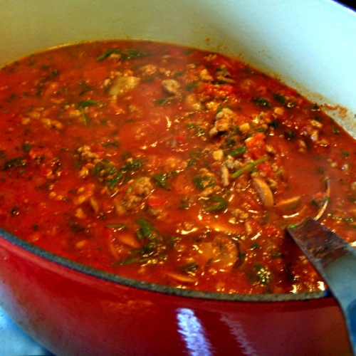 Low Calorie and Fat Tomato Meat Sauce With Mushrooms and Arugula