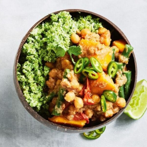 Coconut chickpea curry with broccoli rice