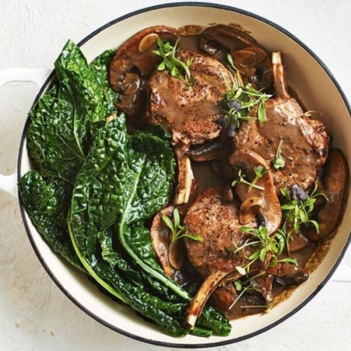 Veal with mushrooms and tuscan kale