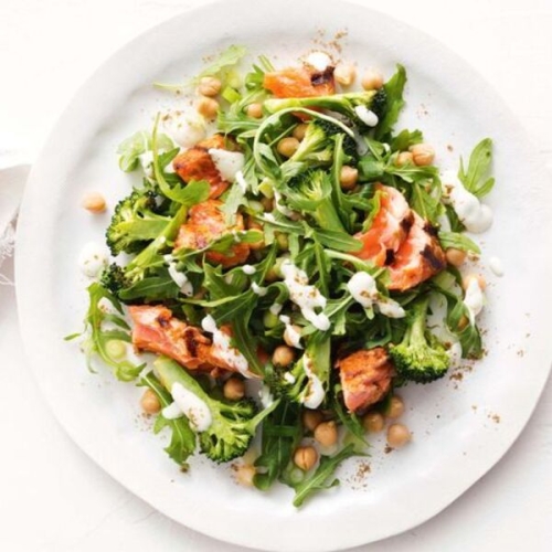 Spiced salmon with chickpea, broccoli and rocket salad and yoghurt dressing