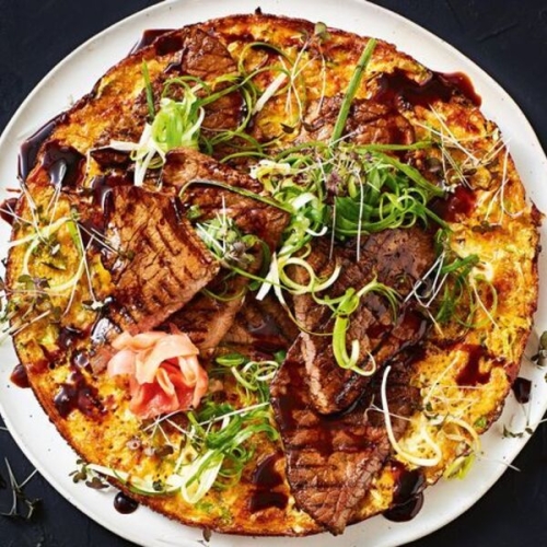 Cabbage pancake with sweet soy beef