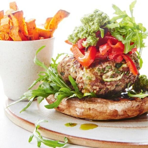 Open burger with sweet potato chips