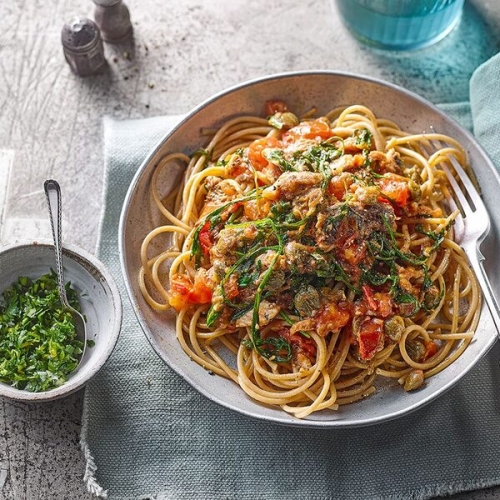 Sardine tomato pasta with gremolata