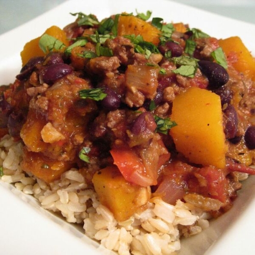 Almost Meatless Butternut Squash and Black Bean Chili