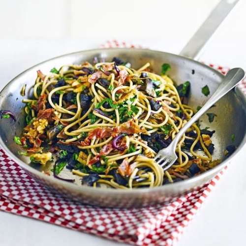 Spaghetti with garlic mushrooms & prosciutto