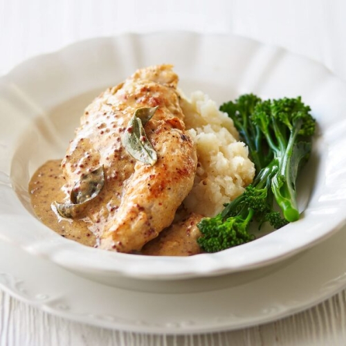 Mustard & sage chicken with celeriac mash