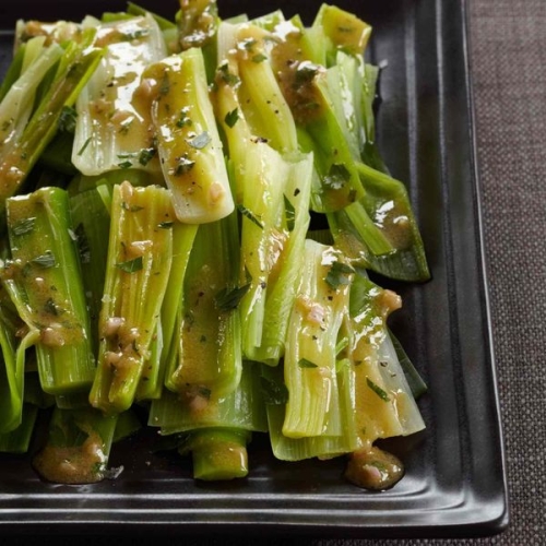 Steamed Leeks with Mustard-Shallot Vinaigrette