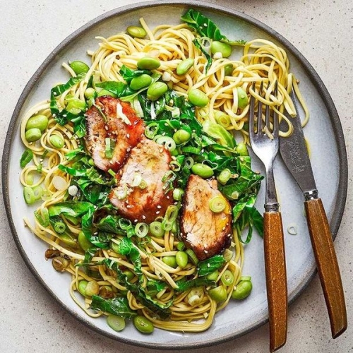 Sticky hoisin pork fillet with sesame greens & noodles