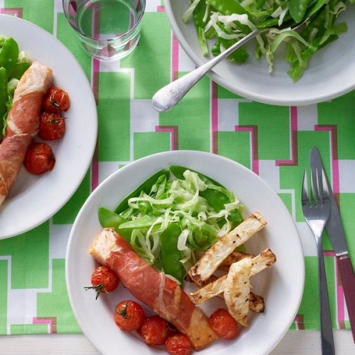 Salmon in Parma ham with celeriac chips