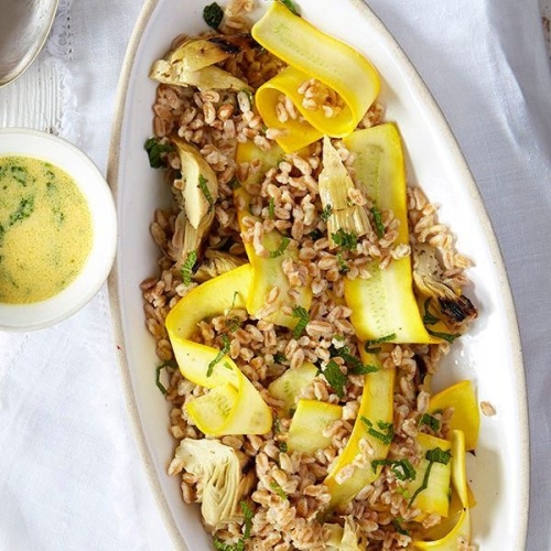 Artichoke, courgette and lemon farro salad