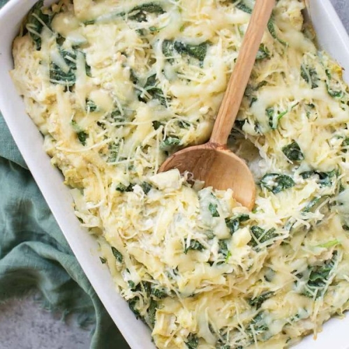 Cheesy Spinach and Artichoke Spaghetti Squash Bake