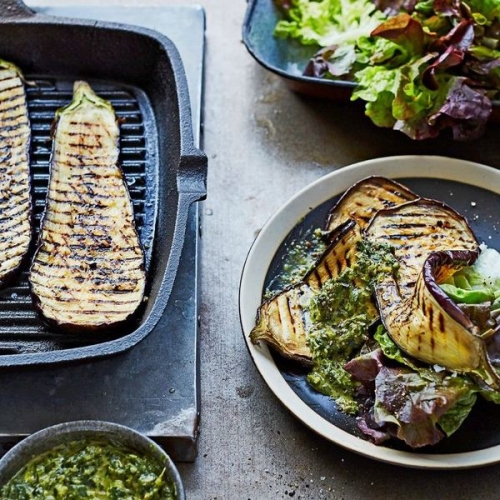Grilled aubergine with red butterhead and salsa verde