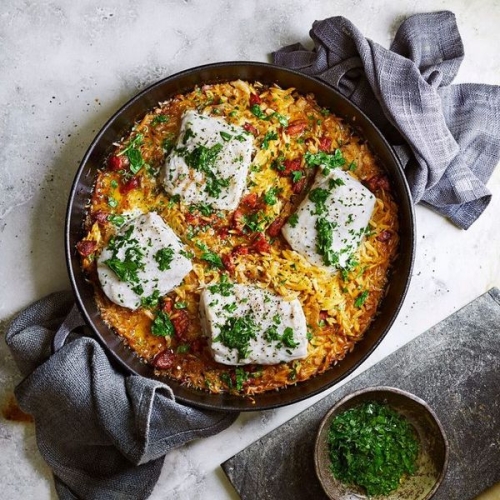 Baked chorizo orzo with hake