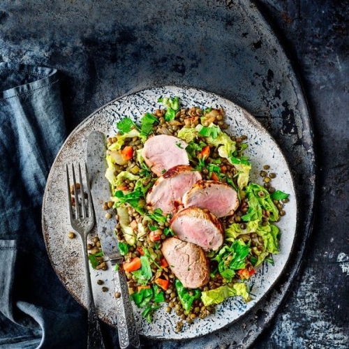 Balsamic lentils with pork fillet