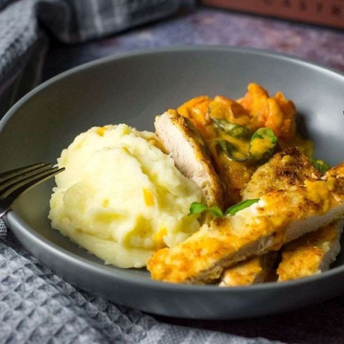 Crispy Almond Chicken Breast with Cherry Tomato Basil Sauce