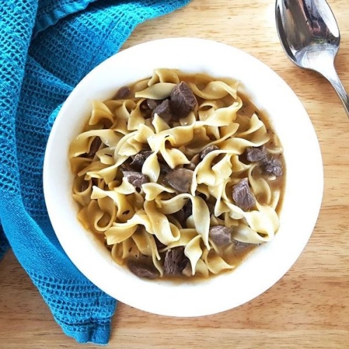 One Pot Beef Stroganoff Soup with Sauteed Mushrooms and Egg Noodles