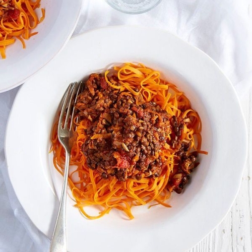 Sweet potato linguine with vegan puy lentil ragù