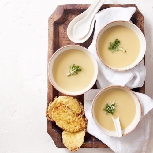 White onion and miso soup with sesame cheese toasts