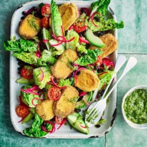 Crispy polenta halloumi with tomatillo salsa