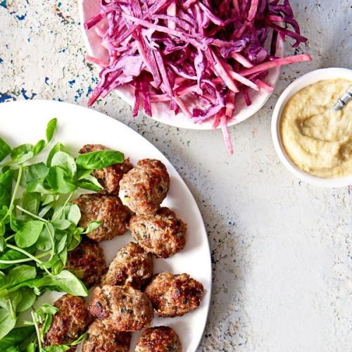 Lamb kofte with beetroot tahini slaw