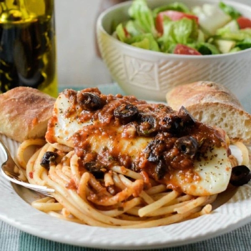 Baked Cod Puttanesca | Seafood with an Italian Spicy Tomato Sauce