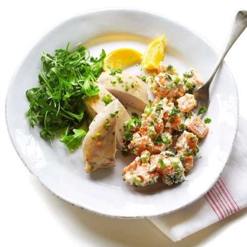Succulent Poached Chicken With Low-Calorie Sweet Potato Salad