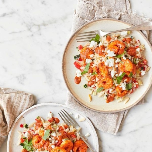 ’Nduja prawns with orzo, feta and olive salad