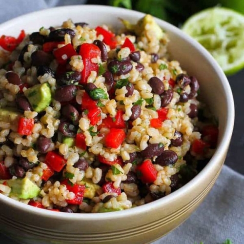 Brown Rice & Beans Salad Recipe with Chili Hot Sauce Dressing