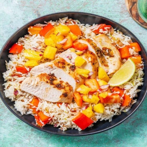Cal Smart Pineapple Turkey Bowls with DIY Salsa and Veggie-Lime Rice